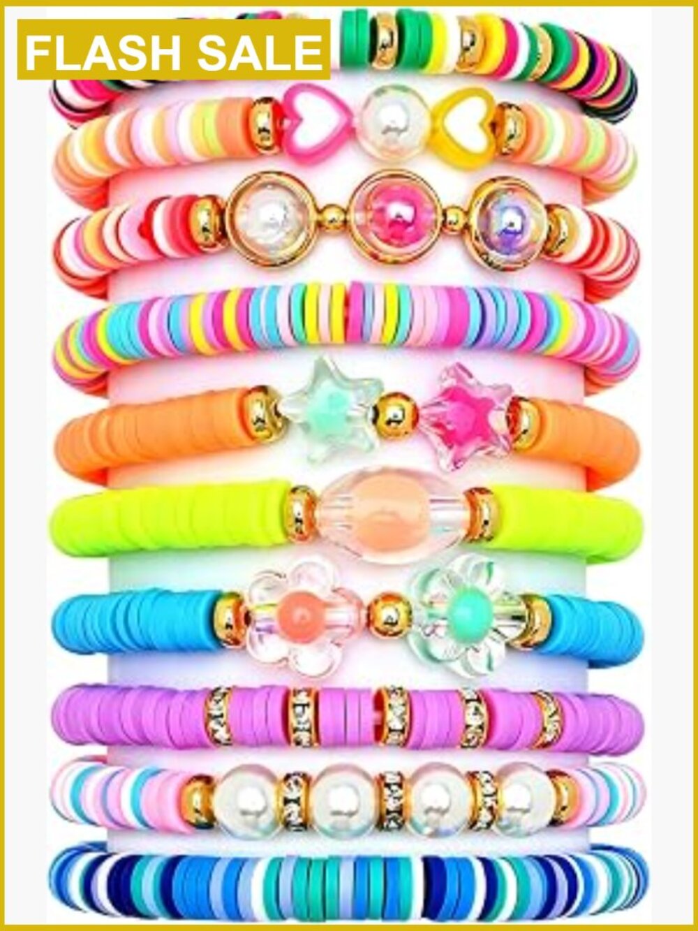 10 Pc Clay Bead Stretch Charm Bracelets for Teens - Cute Stackable Jewelry Set